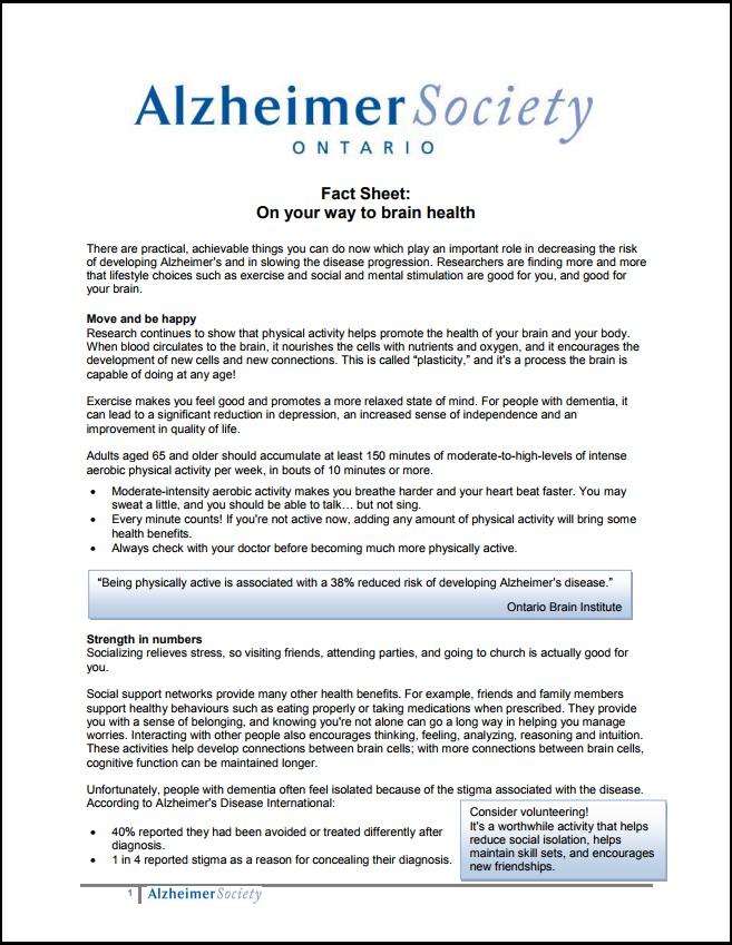 Alzheimer Society Fact Sheet: On your way to brain health