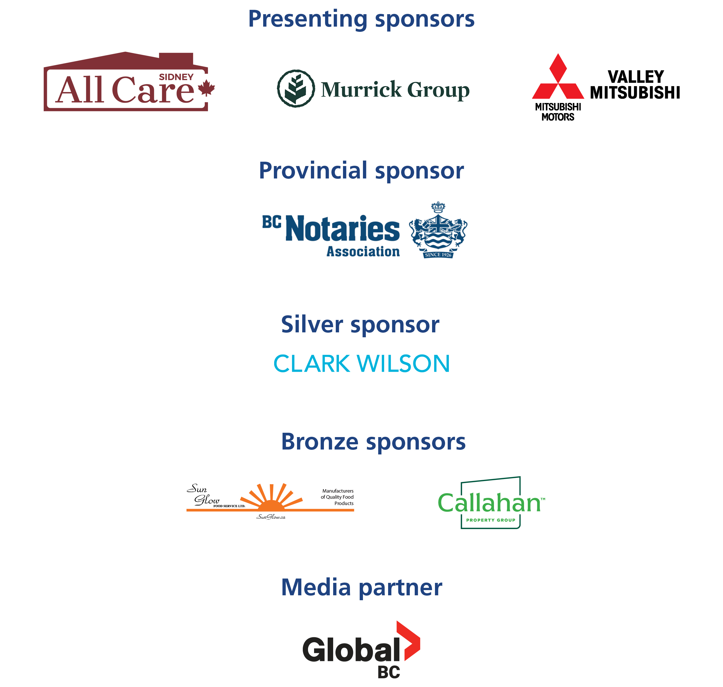 Presenting sponsors: Sidney All Care, Murrick Group, Valley Mitsubishi. Provincial sponsors: BC Notaries Association. Silver sponsor: Clark Wilson. Bronze sponsors: Sun Glow Foods, Callahan Property Group. Media partner: Global BC.