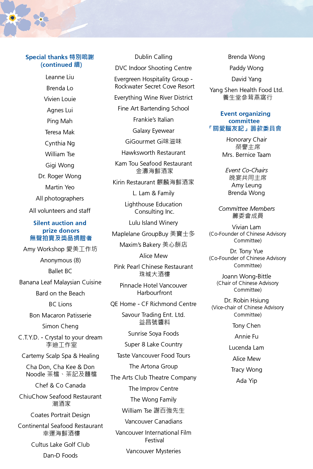 2026 Charity Dinner for Alzheimer's thank you list page 2