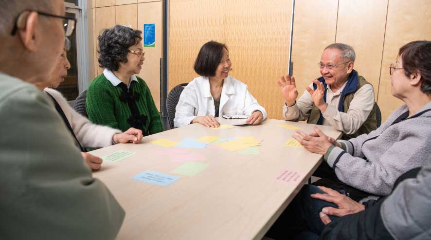 Six people are talking around a wooden table that has multi-coloured post-it notes on it. They all have engaged expressions.