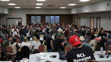 A crowded room of people sitting at round tables