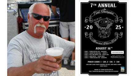 A man with sunglasses and a handle bar mustache raises a glass of beer for a toast