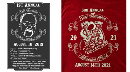 Two event posters. One black and white for a 2019 poker run and one red and white for a 2021 memorial motorcycle ride for Earl Thompson