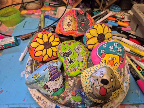A collection of painted rocks by Arlene, including drawings of flowers, dogs and cats.