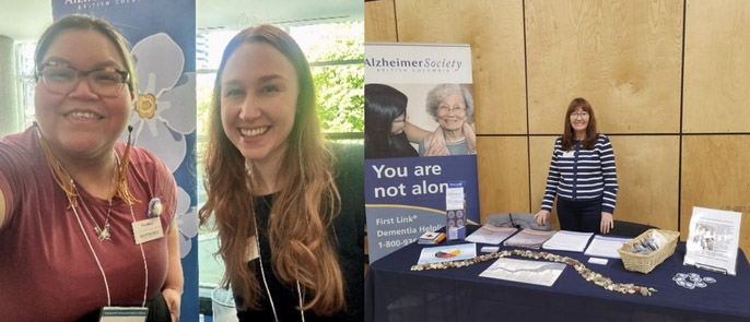 Collage of Society staff members supporting dementia education at Indigenous health fairs. All three staff members are women, smiling at the camera.  