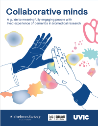 A poster titled "Collaborative minds" features two hand illustrations reaching for each other and colorful shapes above logos for the Alzheimer Society of BC and Yukon, Emily Carr University, and UVic.