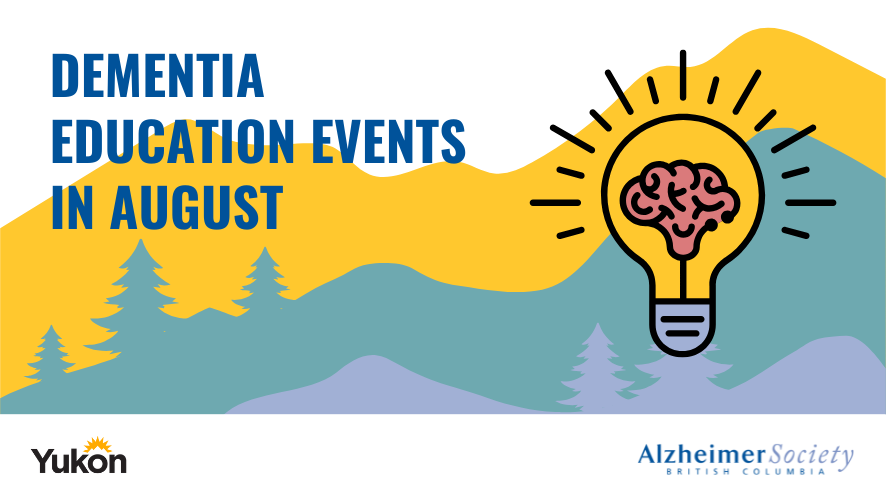 dementia education events in august graphic with a brain inside a lit lightbulb