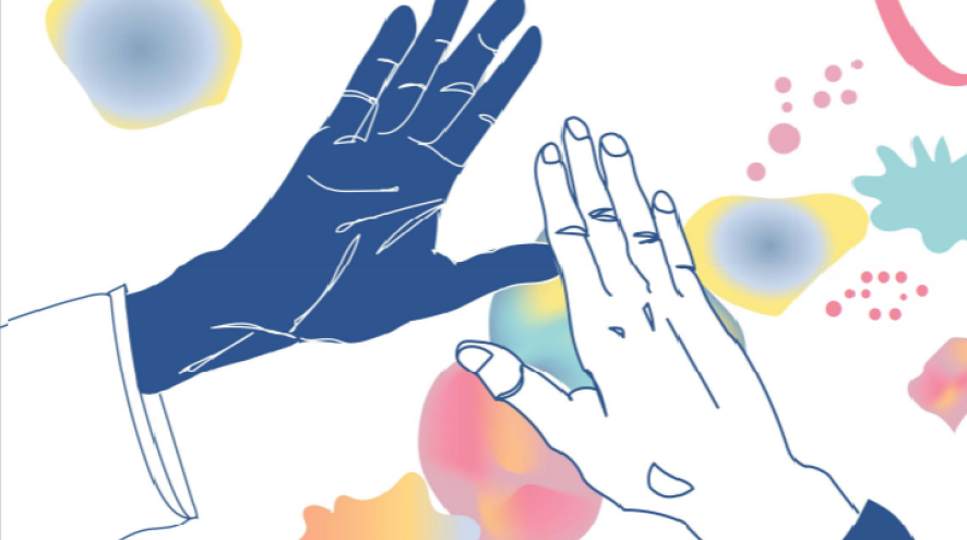 Two hands hi-fiving over microscopic elements