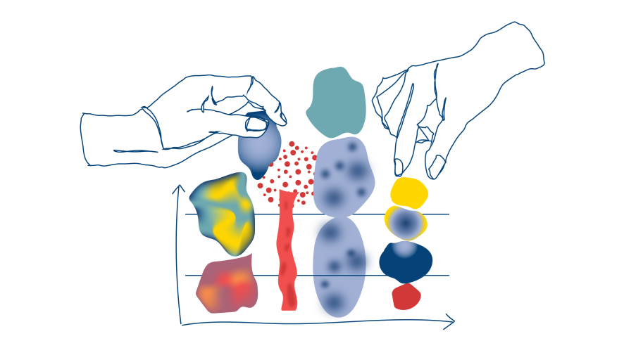 Illustrated hands working on organic elements.