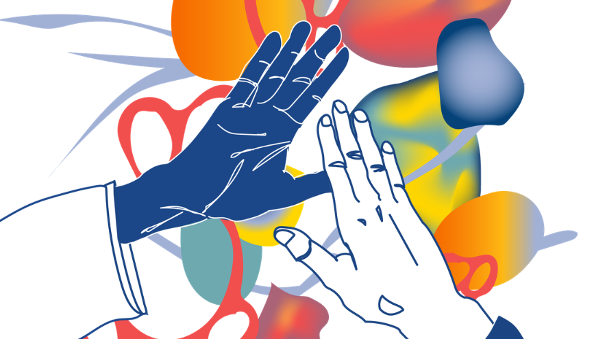 Two hands hi-fiving over microscopic elements