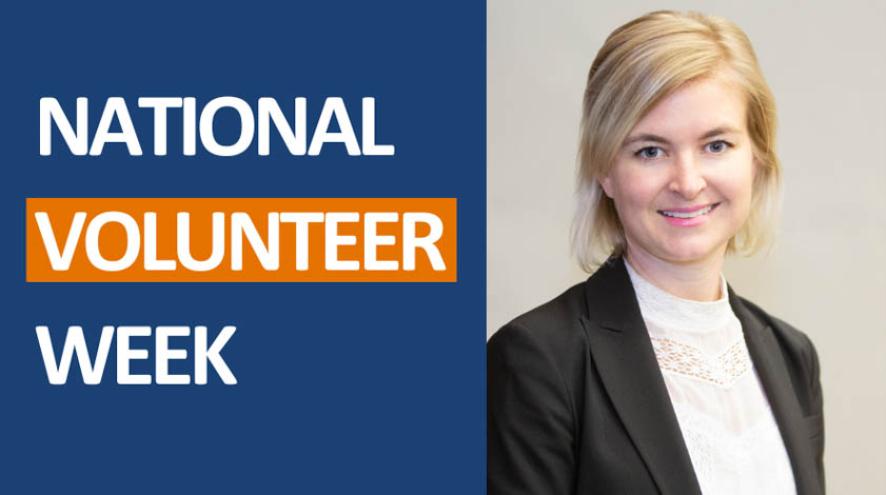 National Volunteer Week promotion with a business portrait headshot of a smiling woman