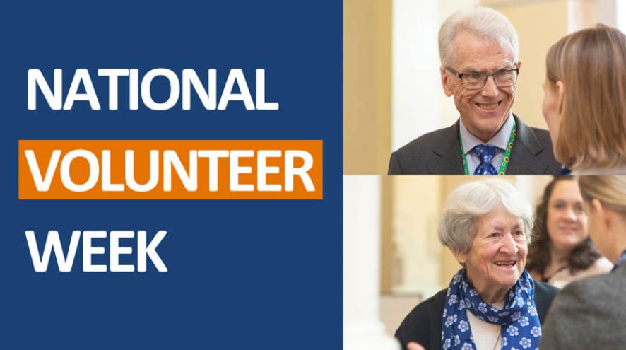graphic for National Volunteer Week featuring smiling individuals in conversation, including an older woman and a man with glasses. 