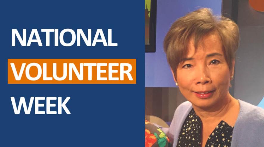 Graphic for National Volunteer Week featuring a smiling woman with short hair