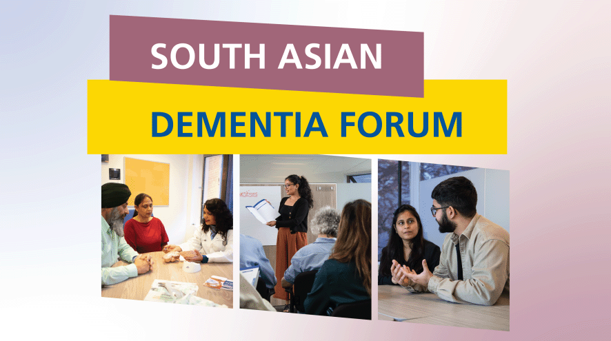 Three photos of South Asian community members interacting in a support group, in an education session, and in a one on one setting.