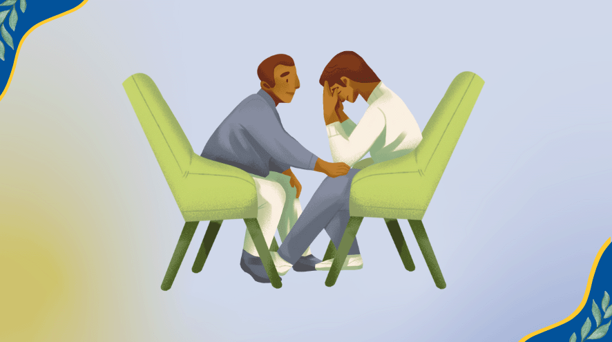 Illustration of two people sitting facing each other, one consoling the other.