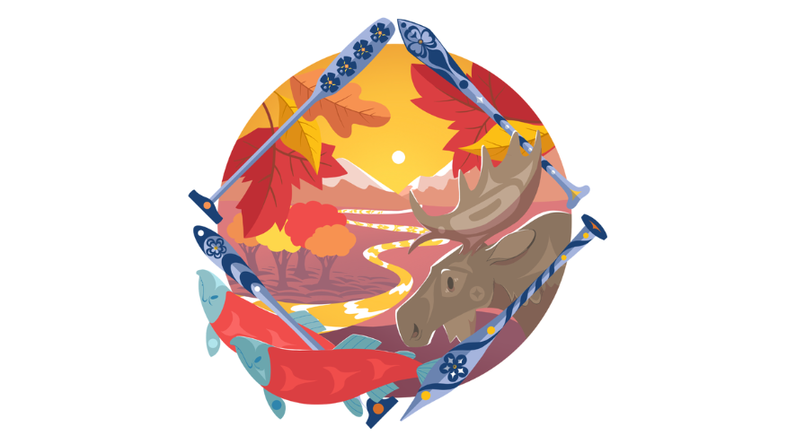 Colourful graphic depicting a fall scene of salmon, moose, leaves and a river.
