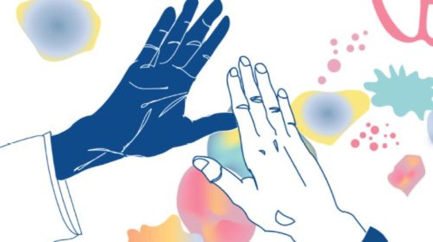 Abstract hand illustrations, reaching for each other, against a background of colorful shapes
