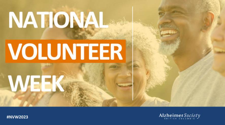 A National Volunteer Week graphic features smiling, diverse people over a golden background