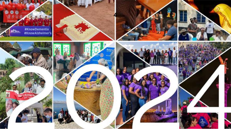 Photo collage on report cover of people around the world, behind the text "2024."
