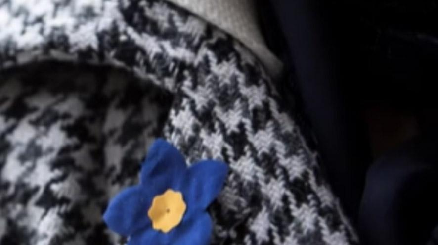 A person in a black-and-white checkered jacket wears a blue forget-me-not pin.