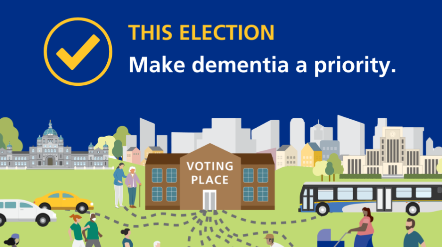Illustrated election advocacy graphic with large, yellow check mark beside the message, "This election, make dementia a priority."