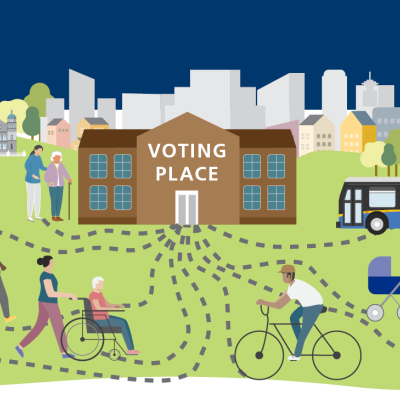 Photo caption of voting place, city hall and legislature building with pedestrians 