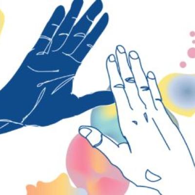 Abstract hand illustrations, reaching for each other, against a background of colorful shapes