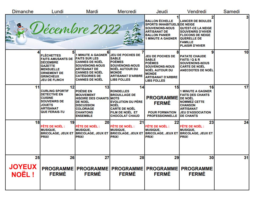 Calendrier du programme de jour - Decembre 2022