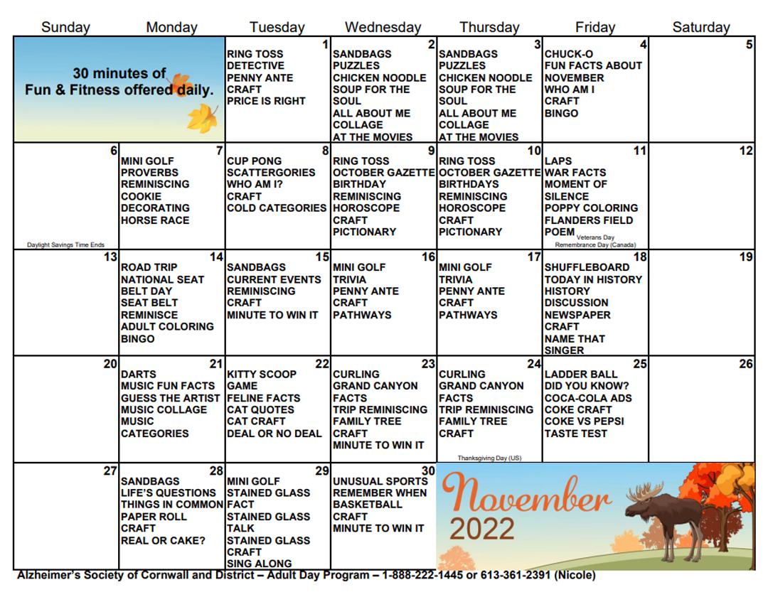 Day Program Calendar - November 2022