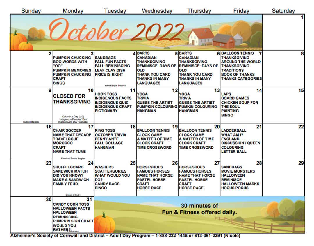 Day Program Calendar - October 2022