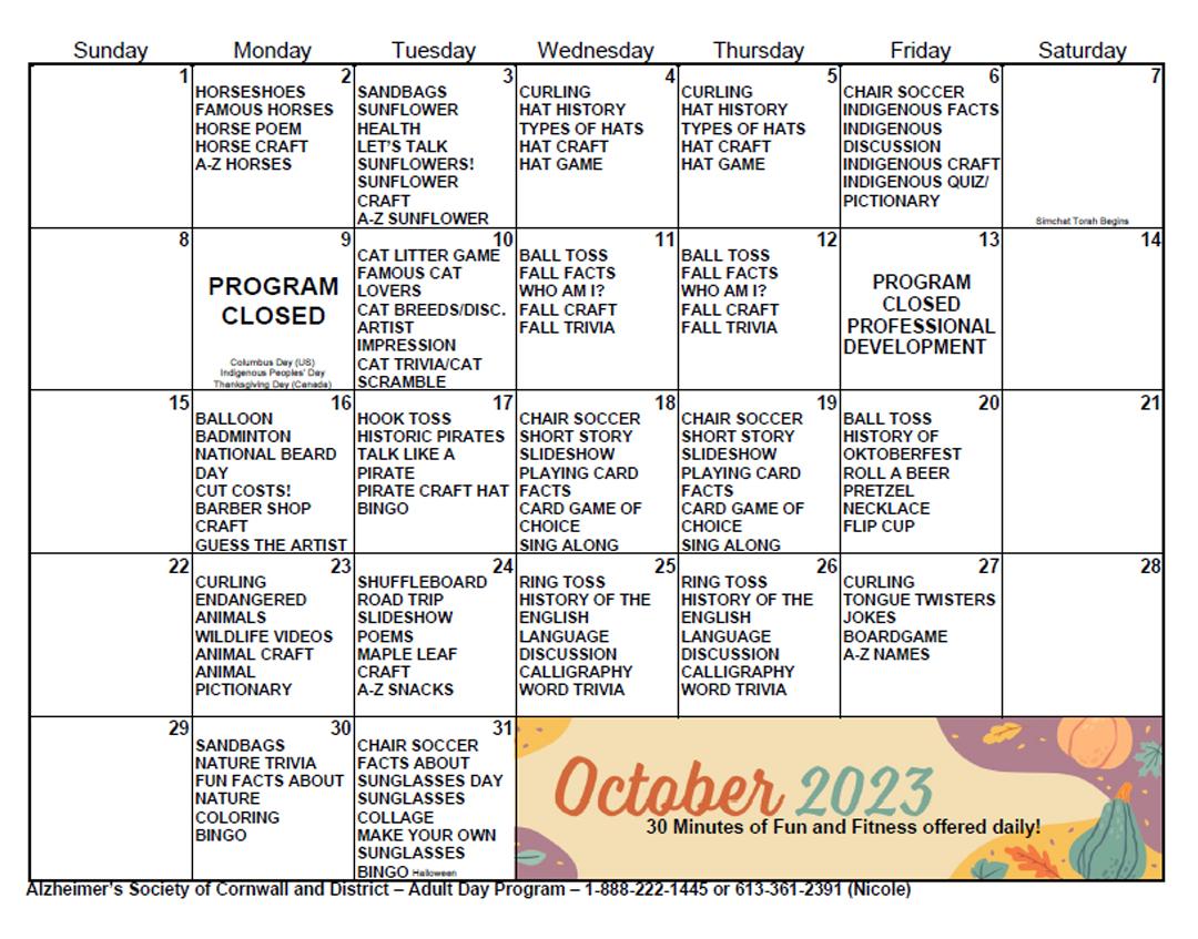 Day Program Calendar - October 2023