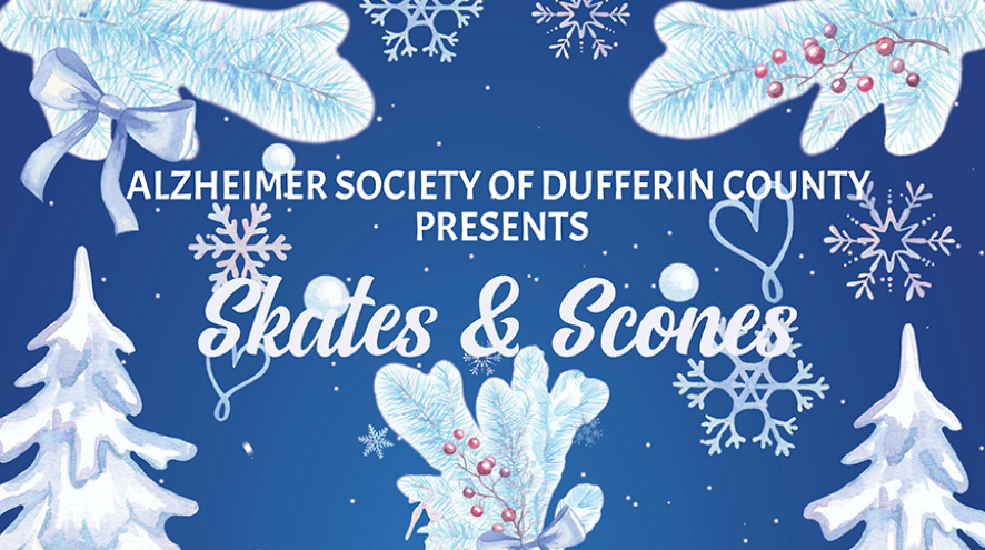 A photo of white trees on a blue background with the text Skates and Scones