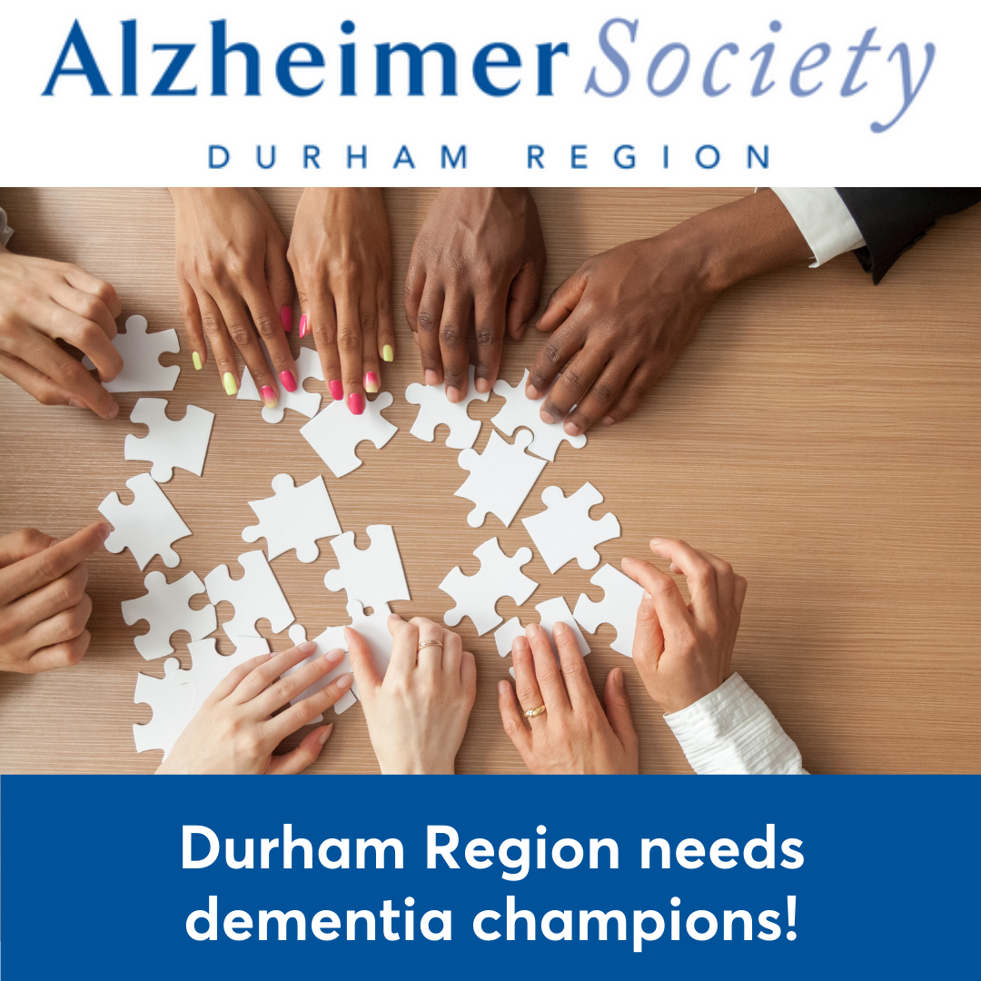 A circle of diverse hands putting together a white puzzle. Text reads Durham Region needs Dementia Champions