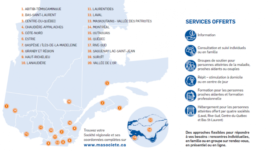 carte des 20 sociétés alzheimer du Québec