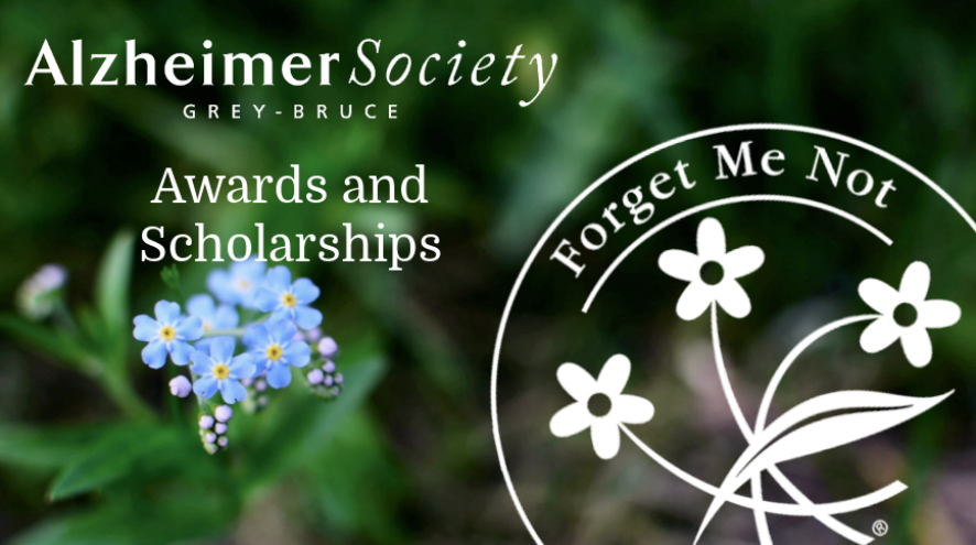 image of a forget me not flower background that says awards and scholarships in the front