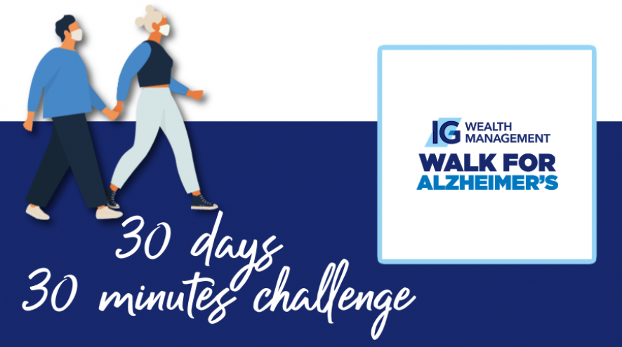 two people walking, ig wealth management walk for alzheimers logo