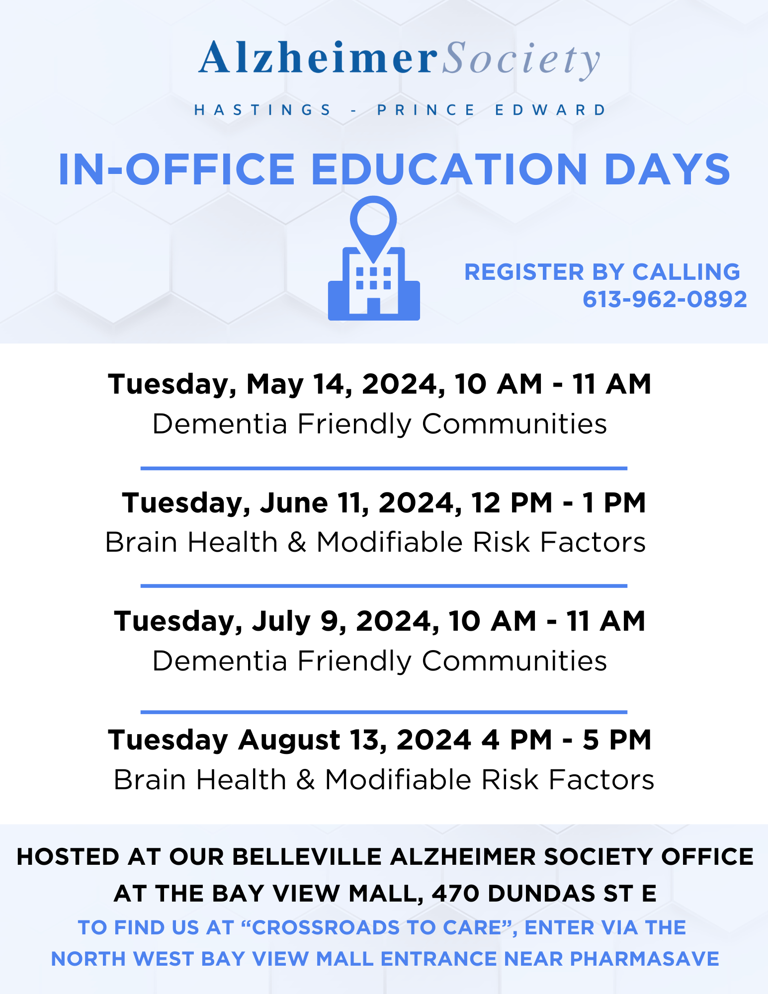 In Office Education Days 2024 - May 14, June 11, July 9, August 13th. Please call for more information or to register at 6139620892