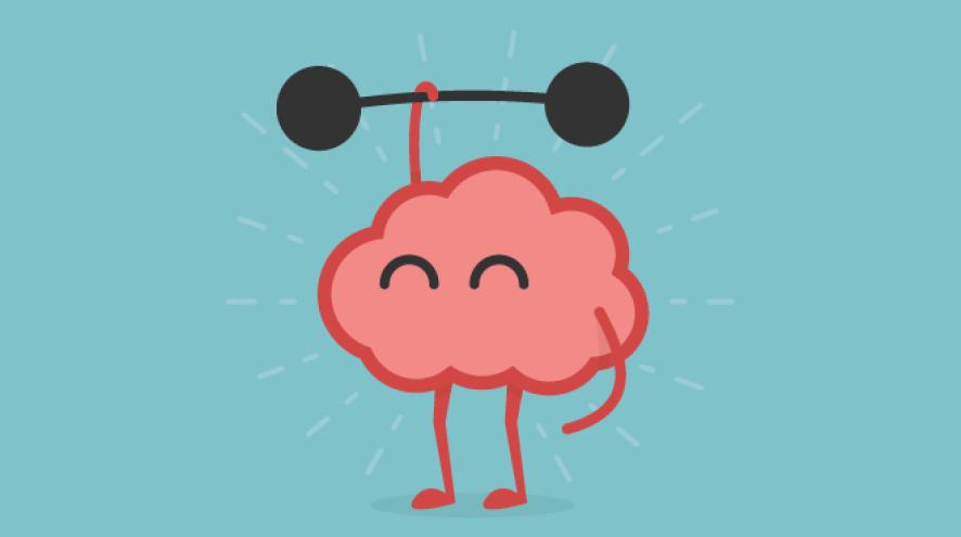 brain lifting weight, funny cartoon image