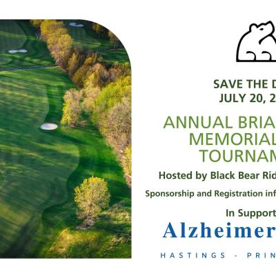 Annual Brian Magee Memorial Golf Tournament wording, with Alzheimer logo and picture of golf green
