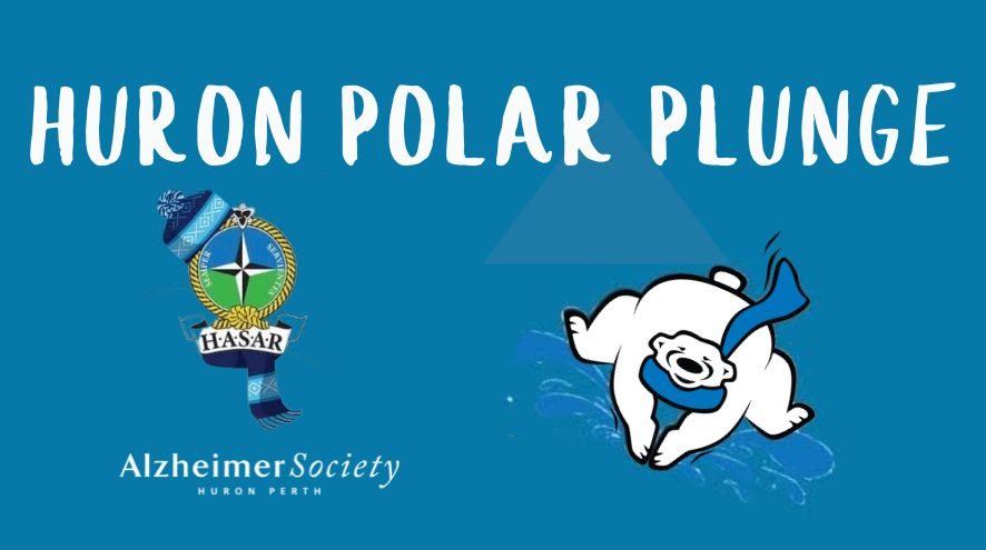 Huron Polar Plunge Polar Bear jumping, with HASAR and Alzheimer Society logos