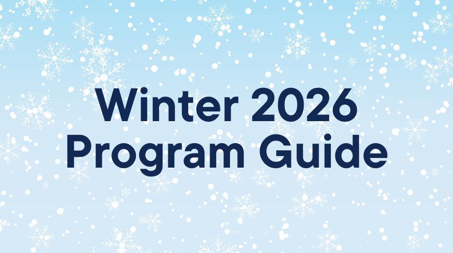 Winter 2026 Program Guide with blue sky and white snowflakes
