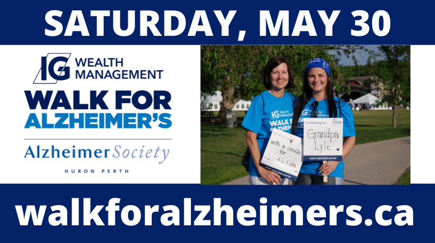 IG Wealth Management Walk for Alzheimer's with date, website, and image of two people holding signs of support