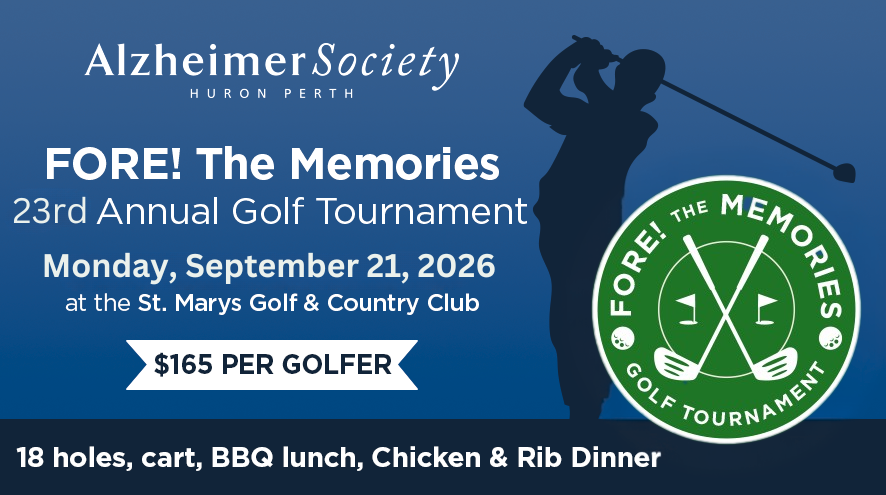 Golf Tournament Monday, September 21 Blue background with green FORE the Memories Logo and silhouette of golfer