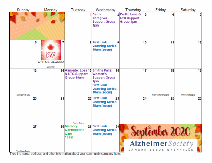 September 2020 Calendar at the Alzheimer Society of Lanark Leeds Grenville.