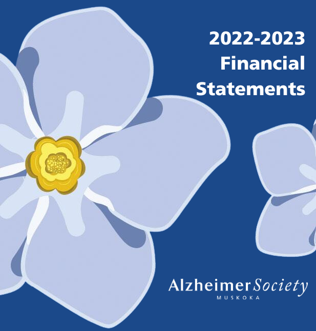 Cartoon image of a forget me not flower next to the title that read 2022-2023 Financial Statements and the Alzheimer Society of Muskoka logo.