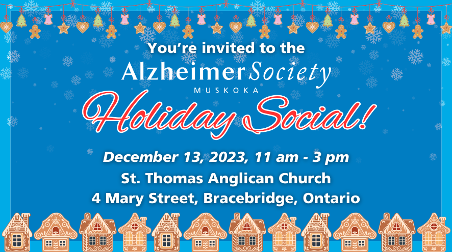 Poster inviting eveyone to our annual holiday social, the background is light blue with white snowflakes, the top features cartoon gingerbread cookies hanging from red string, and the bottom features cartoon gingerbread houses.