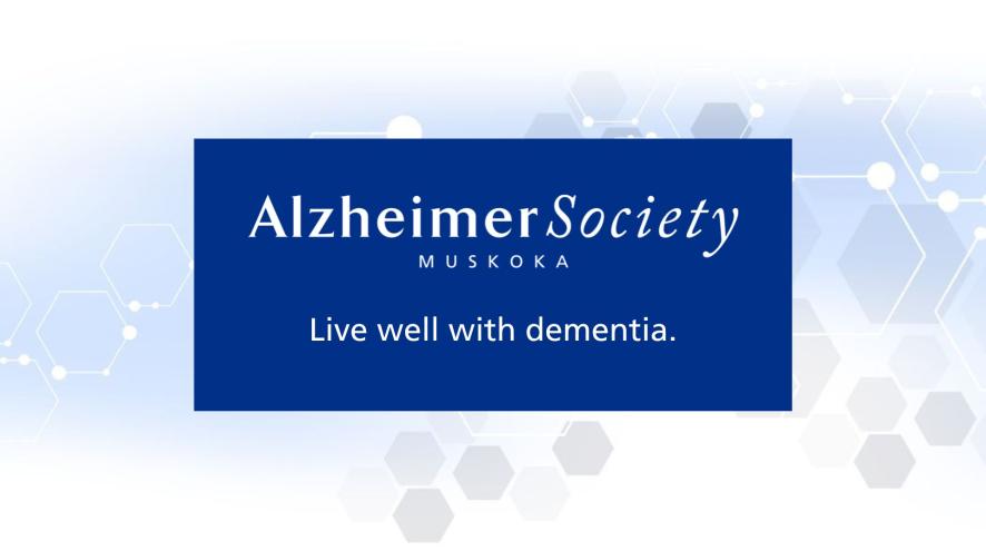 Alzheimer Society of Muskoka logo and tag line, white letters on blue background. 