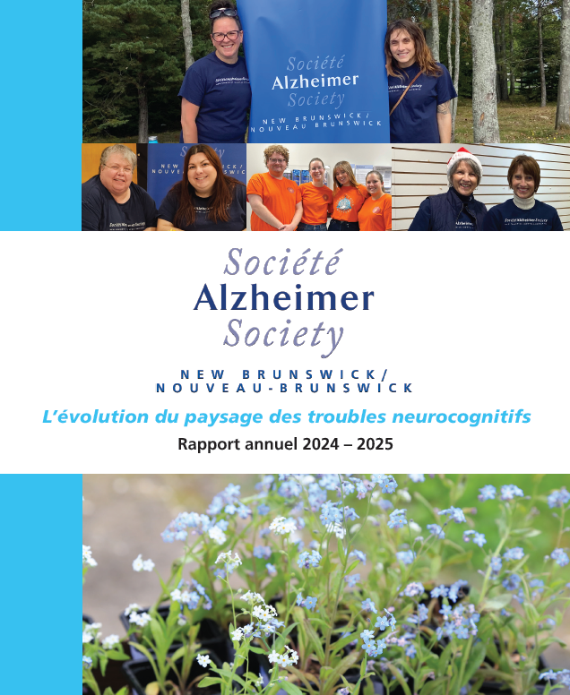Couverture du rapport annuel 2024, photo des fleurs myosotis et du personnel et benevoles de la SANB