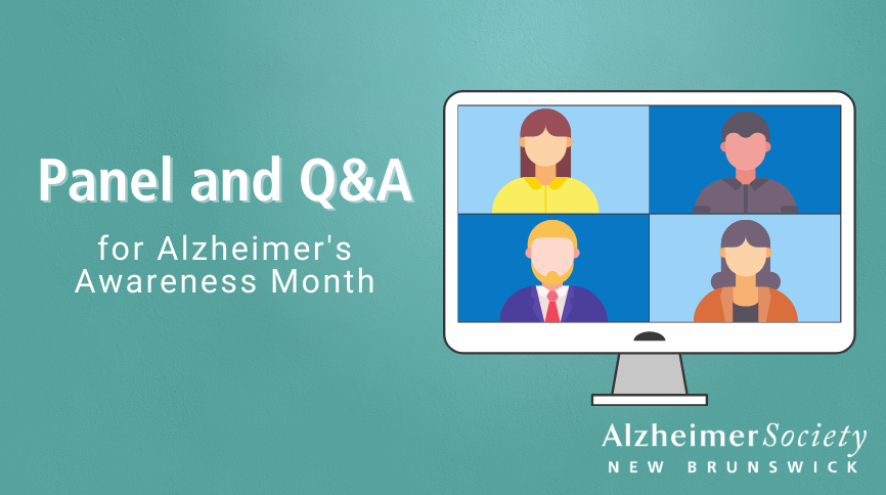 Animated image of webinar on a computer screen. Text reads: Panel and Q&A for Alzheimer's Awareness Month