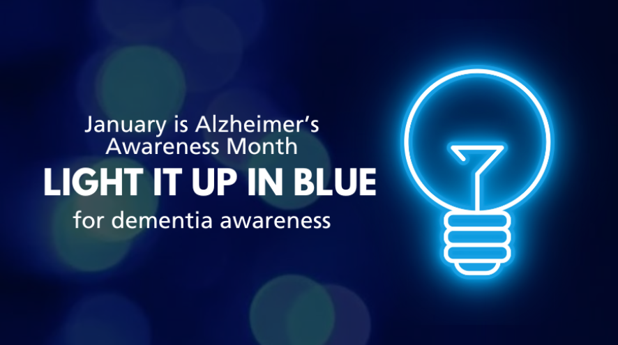 Glowing blue animated lightbulb over navy blue background. Text reads: January is Alzheimer's Awareness Month. Light it up in blue for dementia awareness"